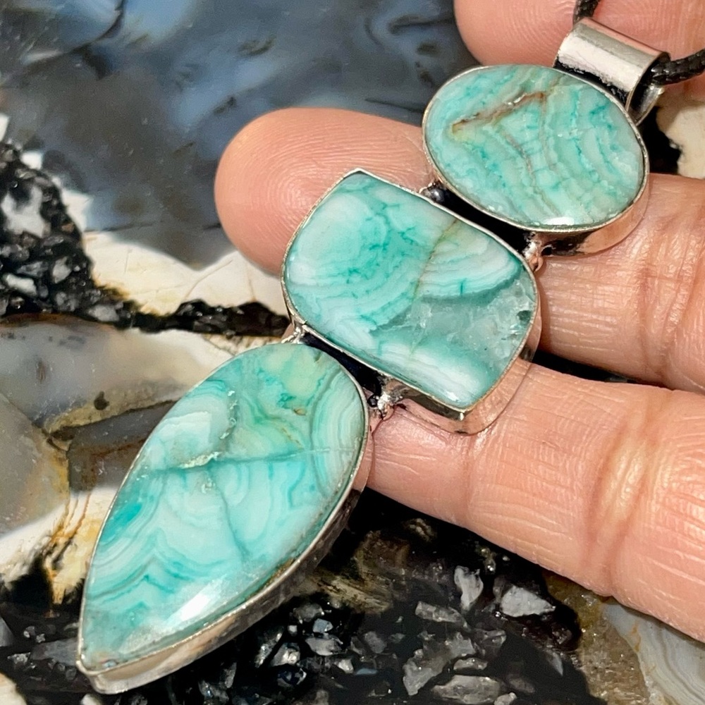Dyed Blue Green Lace Agate Pendant 2 7/8”